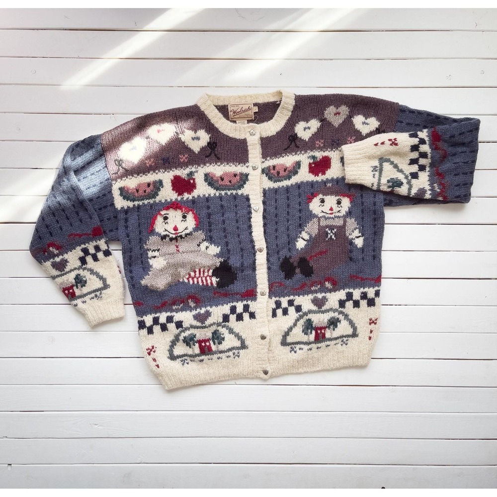 vtg Woolrich Raggedy Ann rag doll hand knit cardigan sweater L
